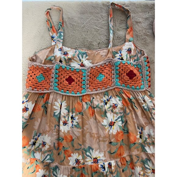 Easel Vintage-Inspired Floral Dress With Crochet Bodice Sleeveless Boho Maxi Bei - Picture 5 of 12